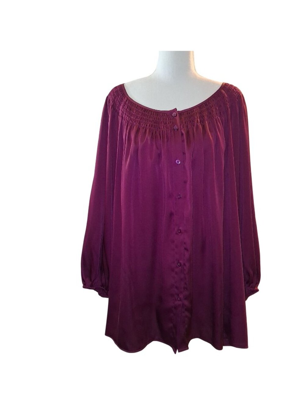 George Womens Plus Size Dark Raspberry Button-Down Tunic w/ Smocked Neckline-4xl